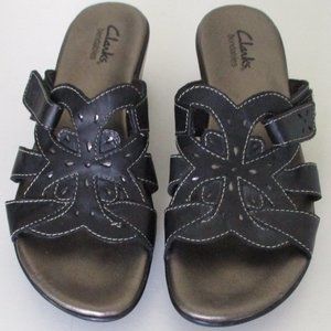 Clarks Bendables Womens Black Leather Slide Wedge Sandal - Size 7M